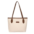 Fashionable contrast color tote bag for women with leather handles and textured finish - Off-white And Brown Style / Brown