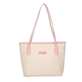 Fashionable beige and pink oversized tote bag with patterned texture and leather handles - Cream Pink Contrast Style / Pink