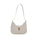 Minimalist white PU leather hobo crescent bag with golden twist lock and shoulder strap - White