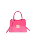 Fuchsia crocodile embossed leather handbag with gold geometric buckle and strap - Pink