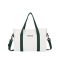 White canvas tote bag with green handles, detachable strap and fashion lettering - Dark Green