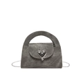 Grey denim texture handbag featuring a silver heart buckle and metal chain strap - Black