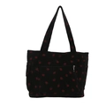 Grande borsa tote in velluto a coste nero con stampe di fragole rosse e tasca esterna - Nero