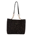 Modische große Leoparden-Shopper-Tasche mit goldenem Ringgriff und Leder-Schultergurt - Braun