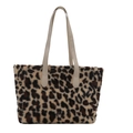 Grote leopard print faux fur shopper met beige lederen handgrepen voor de winter - Wit