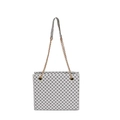 Minimalistische witte shopper met zwart cirkelpatroon en gouden ketting schouderband - Wit