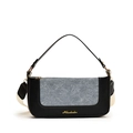 Borsa a tracolla in pelle nera con pannello denim grigio e ampia tracolla in tessuto - Nero