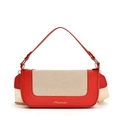 Borsa a spalla retrò in ecopelle rossa e tela beige con design patchwork e logo - Rosso