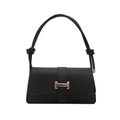 Minimalist black matte leather rectangular shoulder bag with golden H-shaped buckle - Black