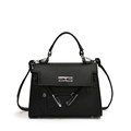 Borsa a mano classica in pelle nera motivo litchi con chiusura a scatto e tracolla - Nero