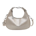 Chic cream white crescent moon shoulder bag with glossy finish and clover charm - Holographic Beige