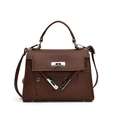 Brown litchi grain small square handbag with silver twist lock and top handle - Brown