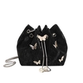 Schicke schwarze Samt-Beuteltasche mit silbernen Schmetterlingen und Kettenriemen - Schwarz