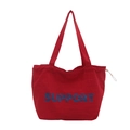 Red canvas tote bag with large blue SUPPORT print and double straps for casual use - Red