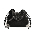 Large black quilted tote bag with silver chain strap and heart pattern stitching - Black