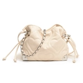 Beige pleated bucket bag with heart quilting and silver chain strap for women - White