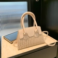 Elegant beige minimalist square shoulder bag with crocodile pattern and leather stitching - White