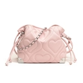 Pink heart quilted drawstring bucket bag with silver chain strap and PU leather texture - Pink