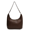 Minimalist dark brown PU leather hobo bag with cross stitching and chain strap - Brown