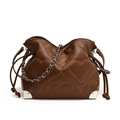 Dark brown bucket bag with heart stitching, silver chain strap, and drawstring closure - Dark Brown