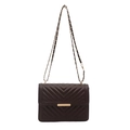 Dark brown quilted leather crossbody bag with V-shaped stitching and gold chain strap - Brown