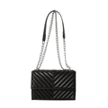 Classic black quilted shoulder bag with chevron stitching and silver chain strap - Black