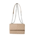 Chic beige quilted small square bag with chevron stitching and silver chain strap - Khaki