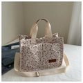 Detail of floral canvas tote bag with dual front pockets and adjustable strap for daily use - Pink Small Floral Style (款式一)