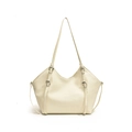 Minimalist beige PU leather shoulder tote bag with decorative buckle straps and slim handles - White