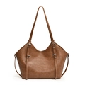 Minimalist brown PU leather shoulder tote bag with adjustable side buckles and large capacity - Brown