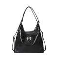 Versatile black faux leather tote bag with silver bow accent and adjustable straps - Black