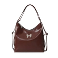 Dark brown leather multi-way hobo bag with a silver metallic bow and adjustable straps - Brown