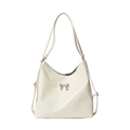 Cream white tote bag in soft synthetic leather with a silver metallic bow decoration - White