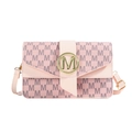 Pink PU crossbody bag with M letter monogram print and golden metal circular buckle - Pink