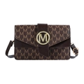 Vintage brown crossbody bag with letter print and gold M metal buckle in front view - Brown
