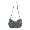Borsa hobo in denim a scacchi blu e grigi con frange e tracolla a catena argento - Scacchiera Blu