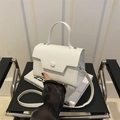 French style white faux oil leather crossbody square bag with top handle and round buckle - White