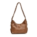 Vintage brown leather underarm bag with unique thick woven shoulder strap and zipper - Brown
