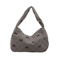Grey corduroy shoulder bag with quilted rhombic patterns and black bow prints - Gray