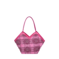 Schachbrett-Tote-Bag aus Tweed in Pink und Lila mit V-Ausschnitt und Ledergriffen - Rosarot