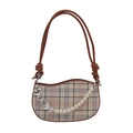 Plaid half-moon underarm bag with beige checkered pattern and pearl heart chain - Brown