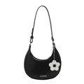 Chic black crescent moon hobo bag with a stylish white sun flower charm and leather strap - With Flower Charm Style (W8584) / Black