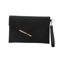 Minimalist black matte leather envelope clutch bag with gold bar and wrist strap - Black