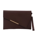 Deep burgundy envelope clutch bag with asymmetric gold trim and wrist strap - Brown
