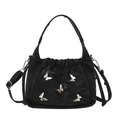 Borsa a secchiello nera in nylon con farfalle metalliche e tracolla regolabile - Nero