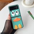 Detail of teal leather Galaxy Z Flip case featuring a unique 3D cartoon duck character - Green / Samsung ZFlip3