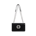 Elegant black patent leather square handbag with sparkling crystal buckle and chain strap - Black