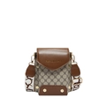 Retro Umhängetasche aus braunem Leder und Monogramm-Canvas mit Jacquard-Riemen - Khaki
