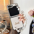 White leather texture folding phone case with diamond 'Smile' and pearl lanyard handle - White / OPPO Find N3 Flip