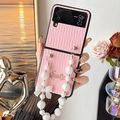 Pink quilted leather phone case for Galaxy Z Flip with gradient pearl and bow strap - Pink / OPPO Find N3 Flip